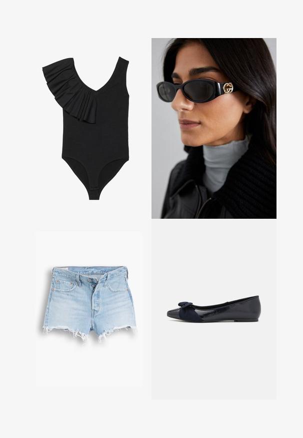 Svart blazer i slätt tyg med enknappsstängning, spetsig krage och två framfickor. Minimalistisk design, skräddarsydd passform.; Svart baddräkt med V-ringning, ensam volang på ena axeln och figurnära design. Materialet verkar mjukt med minimala sömdekorationer.; Ljusblå denimshorts med hög midja, fransad nederkant, femficksdesign och kontrasterande sömmar. Två knappar vid framstängningen.; Marina balletskor med en glänsande lackfinish och en texturerad mockabåge på tån, med rundad tå och platt sula.; Svarta solglasögon med en elegant rektangulär ram och en guldfärgad logotypaccent på sidan. Mörka linser och en blank yta är framträdande.; Svart axelväska i slät material med en böjd form, gulddragkedja och en guldpräglad logotypdetalj på framsidan.