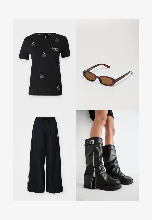 Černý blazer vyrobený z hladké tkaniny s jednotlivým knoflíkovým zapínáním, klopovými límci a dvěma předními kapsami. Minimalistický design, perfektní střih.; Černé tričko vyrobené z bavlny s kulatým výstřihem, krátkými rukávy a rozptýlenými designy kabelek zdobenými flitry.; Černé kalhoty s širokým střihem vyrobené z lehkého materiálu. Mají elastický pas se stahovací šňůrkou a bílé postranní pruhy. Na bocích se nachází logo značky.; Černé kožené holínky do výšky kolen s širokou holení, s bočním zipem a akcentem na přezku, texturovaným povrchem a robustní gumovou podrážkou.; Kulaté sluneční brýle hnědé barvy s lesklým burgundským rámem. Úzké nožičky s jemným logem. Rovné čočky.; Černá tkaná taška přes rameno s hladkým koženým popruhem a uzavíráním na zip. Dispozice obsahuje texturovaný povrch a zakřivený tvar.