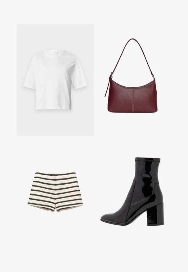 Schwarzer Blazer aus glattem Stoff mit einem Knopfverschluss, abgesetztem Revers und zwei vorderen Taschen. Minimalistisches Design, taillierte Passform.; Weißes, kurz geschnittenes T-Shirt aus weichem Stoff mit kurzen Ärmeln, Rundhalsausschnitt und welligen Nahtdetails für Textur.; Gestreifte Shorts in hellbeige und dunkelgrau, mit einer strukturierten Webart und einer taillierten Passform. Am Saum mit passendem Stoff besetzt.; Schwarze, lackierte Knöchelstiefel mit glatter Textur, spitzem Zeh und strukturiertem Blockabsatz. Verfügt über ein reißverschlussfreies Design und kontrastierende Nähte.; Bordeauxfarbene Ledertasche mit geschwungener Form, einem einzigen Schulterriemen und gesteppten Details in der Mitte. Glatte Textur, minimales Zubehör.