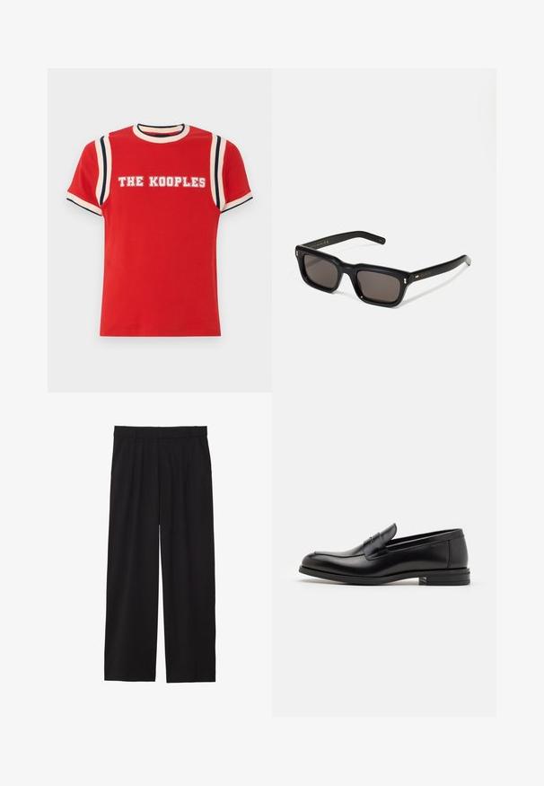 Blazer de pana azul marino con solapa de muesca, dos bolsillos frontales y forro marrón estampado. Presenta un pañuelo en el bolsillo del pecho.; Camiseta de algodón roja con cuello redondo acanalado, acentos en blanco y azul marino a rayas en los hombros, y "THE KOOPLES" impreso en letras blancas en negrita.; Pantalones de pierna ancha negros con frente plisado, bolsillos laterales y una textura de tela suave. Diseñados para un ajuste relajado.; Mocasines de cuero negro con una textura suave, puntera redondeada y una tira decorativa en el empeine. Tacón bajo apilado, diseño minimalista.; Gafas de sol rectangulares negras con lentes oscuros, marco de plástico grueso, acentos dorados en las patillas y logotipo de la marca grabado en el brazo.