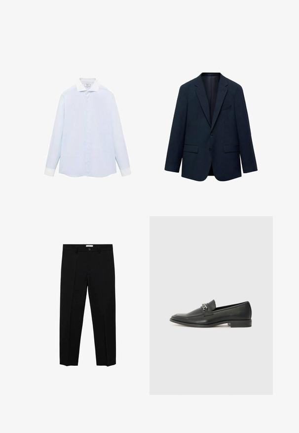 Laivaston sininen bleiseri, joka on valmistettu sileästä kankaasta. Siinä on avokaarinen kaulus, kaksi etutaskua, yksittäinen nappisuljenta ja klassinen räätälöity istuvuus.; Vaaleansininen raidallinen pitkähiha shirt, jossa on valkoinen kaulus ja hihansuut, varustettu napituksella ja kaarevalla helmalla. Silkkinen kangaslaatu.; Musta räätälöity housut suoralinjaisella leikkauksella, jossa on yksinkertainen nappisulku, vyölenkit ja etusärötys. Valmistettu sileästä kankaasta.; Musta nahkakengät, joissa on sileä pinta, koristeelliset ompeleet ja metalliketjun yksityiskohta kengän päällä. Littee korko.