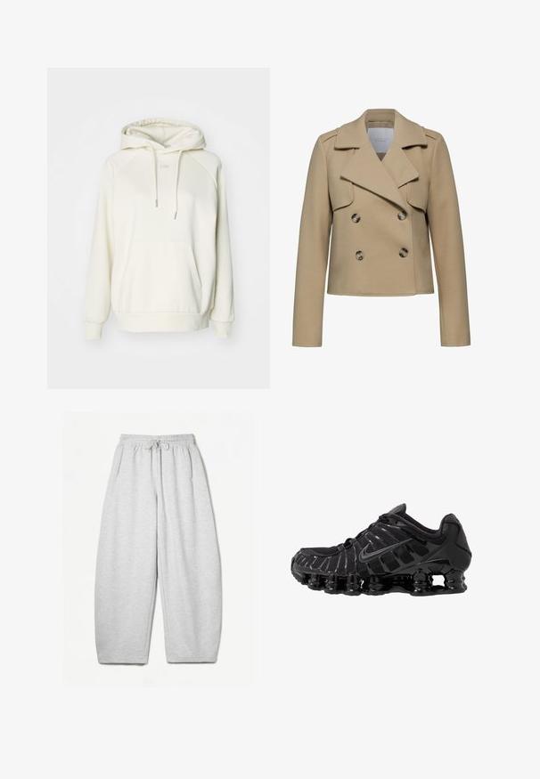 Giacca in lana beige doppiopetto con colletto a reversal, maniche lunghe e due grandi bottoni. Presenta tasche a patta frontali e una vestibilità sagomata.; Felpa color crema, realizzata in tessuto morbido, con tasca a marsupio, coulisse regolabile e polsini a coste. Logo discreto sul petto.; Pantaloni della tuta grigio chiaro con una vestibilità rilassata, vita elasticizzata, cordoncino e tasche laterali; realizzati in un morbido tessuto testurizzato.; Scarpa sportiva nera con tomaia in mesh e sovrapposizioni lucide. Presenta un'imbottitura a molla curva e linee texturizzate sul lato. Logo Nike visibile.