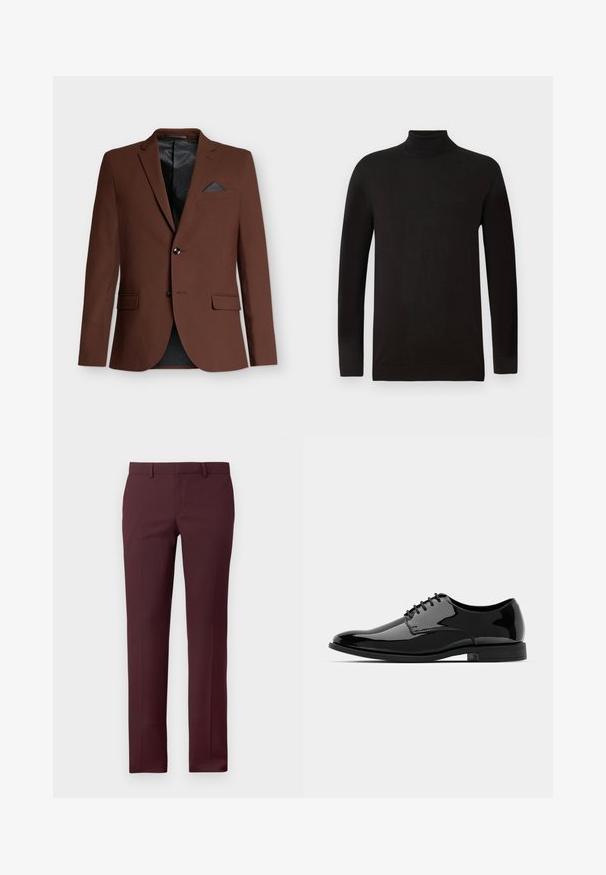 Brown blazer with a tailored fit, two front pockets, a single breast pocket with a dark accent, and a black mesh-lined interior.; Black turtleneck sweater in a soft knit fabric. Features long sleeves and a fitted design with a ribbed collar and hem. Minimal branding.; Burgundy tailored trousers with a structured fit. Features a flat front, belt loops, and no visible pockets, made from smooth fabric.; Black patent leather dress shoe with a rounded toe, lace-up design, and smooth, shiny surface. Features a low-profile rubber sole.