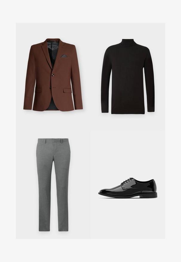 Brun blazer med en skreddersydd passform, to frontlommer, en single brystlomme med en mørk aksent, og et svart mesh-fôret interiør.; Svart genser med høy hals i mykt strikket stoff. Har lange ermer og en tettsittende design med en ribbete krage og liv. Minimal merking.; Grå skreddersydde bukser med en glatt tekstur, rett ben-design, beltestropper og et subtilt herringbone-mønster gjennom hele.; Svart lakkskinn dressko med rund tå, snøring og glatt, blank overflate. Den har en lav, gummisåle.