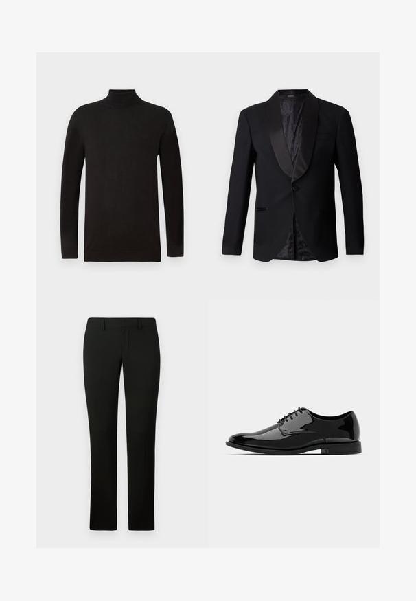 Black formal suit jacket with satin lapels, single button closure, and a textured black patterned lining, featuring two side pockets.; Black turtleneck sweater in a soft knit fabric. Features long sleeves and a fitted design with a ribbed collar and hem. Minimal branding.; Black trousers with a tailored fit, featuring a smooth texture and straight leg design. The waistband has belt loops and a clean finish.; Black patent leather dress shoe with a rounded toe, lace-up design, and smooth, shiny surface. Features a low-profile rubber sole.