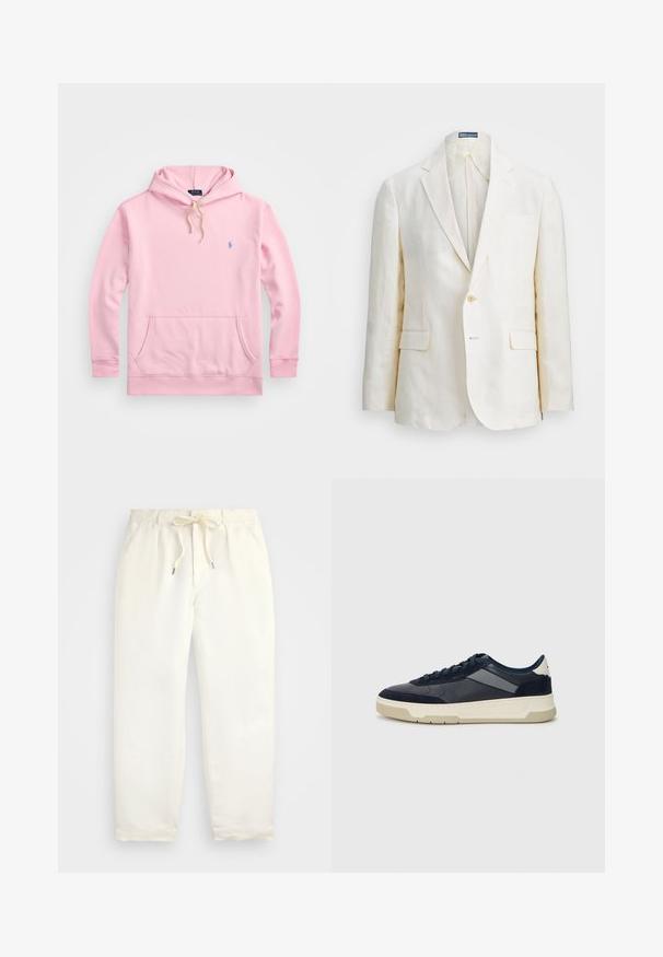 Λινό σακάκι σε λευκό φόντο με κανονικό γιακά, κλείσιμο με μονό κουμπί, δύο μπροστινές τσέπες και εφαρμογή slim fit. Λεία υφή.; Ανοιχτό ροζ φούτερ με μπροστινή τσέπη, κουκούλα με κορδόνια και μικρό μπλε λογότυπο στο στήθος. Φτιαγμένο από μαλακό βαμβακερό υλικό.; Απαλή κρέμα, χαλαρές παντελόνες φτιαγμένες από μαλακό ύφασμα. Διαθέτουν ελαστική μέση με κορδόνι, και σχέδιο κωνικού ποδιού.; BOSS BALTIMORE - Αθλητικά παπούτσια - open blue