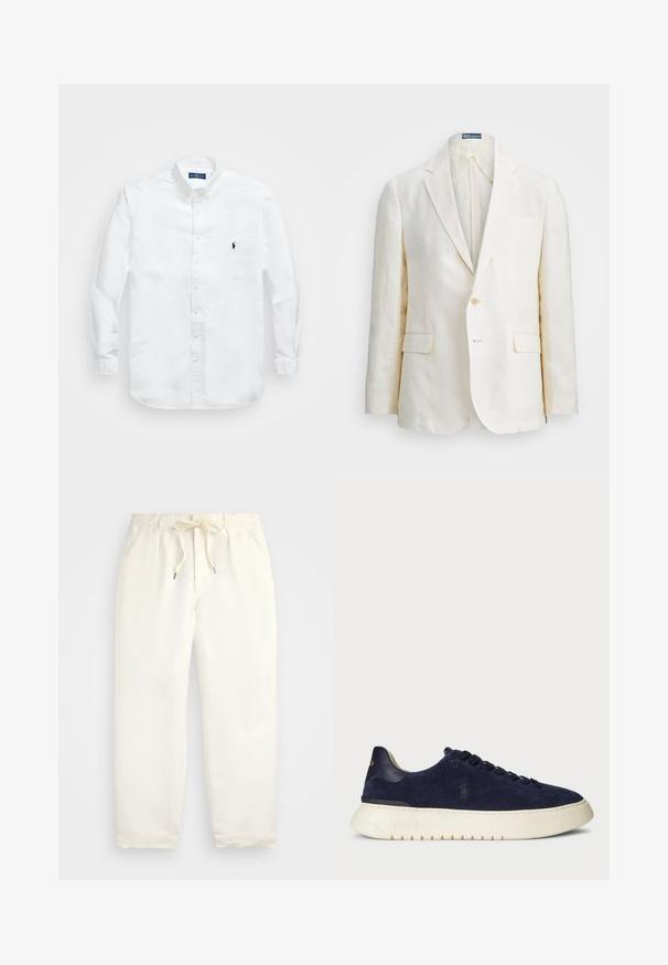 Linen blazer in off-white with a notch lapel, single button closure, two front pockets, and a slim fit design. Plain texture.; White long-sleeve button-up shirt in cotton with a pointed collar. Features a small navy logo on the left chest and buttoned cuffs.; Light cream, casual pants made of soft fabric. Features an elastic waistband with a drawstring, and tapered leg design.; Navy suede low-top sneaker with a textured surface, rubber sole, and tonal laces, featuring a small logo on the side and heel.