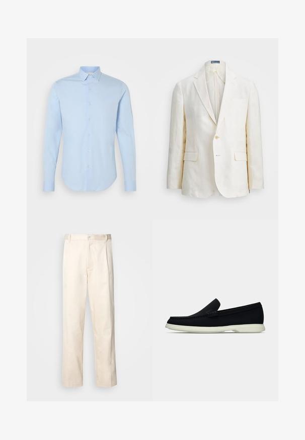 Lino švarkas kreminės spalvos, su išpjautu apykakliu, vienu mygtuku, dviem priekinėmis kišenėmis ir lieknu siluetu. Vienoda tekstūra.; Šviesiai mėlyna ilgam rankovėm marškinėlių su klasikine apykakle, suapvalintu juosmeniu ir perlų spalvos mygtukais. Lygi medvilnės medžiaga, pritaikytas kirpimas.; Bežinės medvilninės kelnės su tiesiu kirpimu, turinčios mygtuko uždarymą ir priekyje raukšles papildomai dekoratyviam akcentui.; Juodas slip-on avalynė su apvaliu pirštu, turintis tekstūruotą paviršių, lygią baltą platformą ir subtilų prekės ženklą šone.