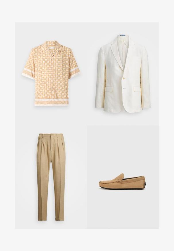 Krémszínű vászonblézer, sakkal, egy gombos záródással, két elülső zsebből és karcsú szabásból áll. Egyszerű felület.; Világos sárga, rövid ujjú ing, krém színű geometrikus mintával. Gombos elülső része van, és kontrasztos mintázatú mandzsettái és szegélye.; Beige vászon nadrág egyenes szabással, két első redővel, gombos záródással és oldalzsebekkel. Tömör textúrájú anyag sima felülettel.; Beige színű nubuk mokaszin cipő, varrott orral, slip-on kialakítással és fekete gumitalppal. Diszkrét logó található az oldalon.
