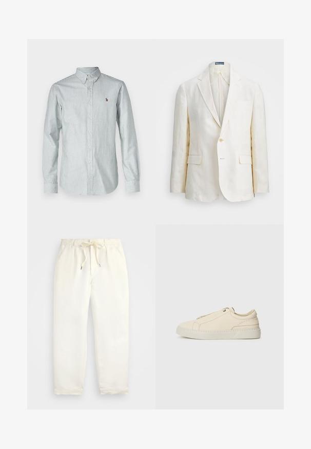 Lino švarkas kreminės spalvos, su išpjautu apykakliu, vienu mygtuku, dviem priekinėmis kišenėmis ir lieknu siluetu. Vienoda tekstūra.; Polo Ralph Lauren SLIM FIT STRIPED OXFORD SHIRT - Marškiniai - pine/white; Šviesiai kreminės spalvos, laisvalaikio kelnės iš minkštos medžiagos. Turi elastinį juosmenį su raišteliais ir siaurėjantį kojų dizainą.; Kreminio odos sportbačiai su apvaliu nosiu, minimalistiniu dizainu, subtiliomis siuvimo detalėmis ir tekstūrine viršutine dalimi, ant šviesios pado.