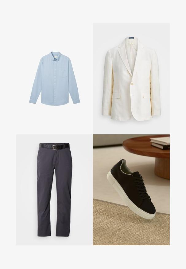 Krémszínű vászonblézer, sakkal, egy gombos záródással, két elülső zsebből és karcsú szabásból áll. Egyszerű felület.; Világoskék, hosszú ujjú ing, mely textúrált mintázatú anyagból készült, gombos gallérral és egyetlen mellzsebbel rendelkezik.; Fekete pamut nadrág egyenes szabással, két elülső zsebbel és övvel. Az anyag sima tapintású és matt felületű.; Fekete sneakers fehér talppal lebeg egy bézs textúrájú szőnyeg felett, egy kerek fából készült asztal közelében, rajta egymásra pakolt könyvekkel.