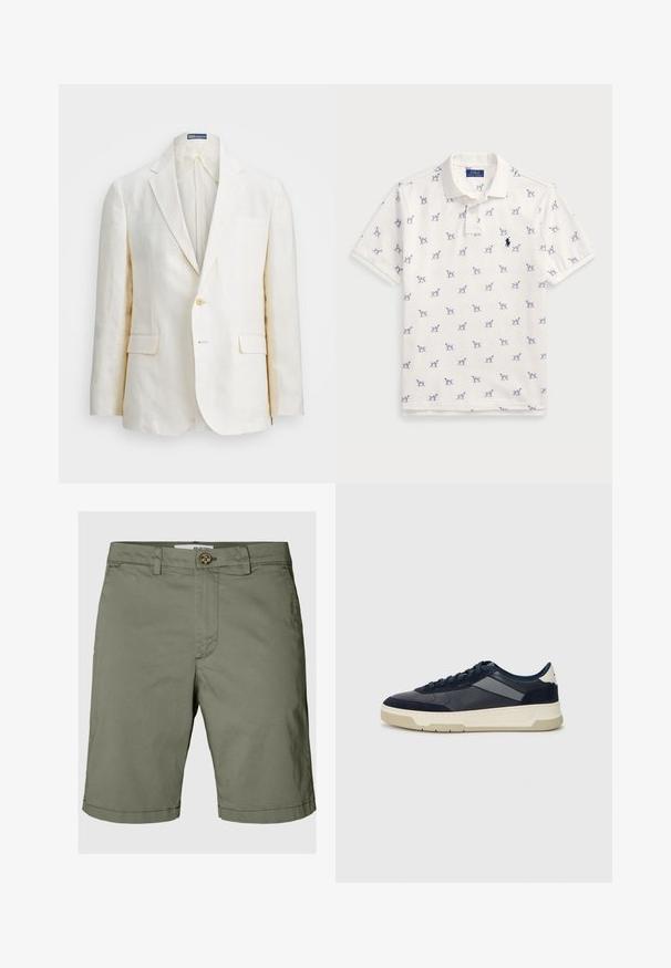 Krémszínű vászonblézer, sakkal, egy gombos záródással, két elülső zsebből és karcsú szabásból áll. Egyszerű felület.; Fehér póló, pamutból készült, ismétlődő kék kutyás mintával és egy kis kék logóval a mellkason. Rövid ujjak és gallér.; Olivazöld pamut nadrág, gombzárral, övbújtatókkal, egyenes vonalvezetéssel és hajtott szegéllyel.; BOSS BALTIMORE - Sportcipő - open blue