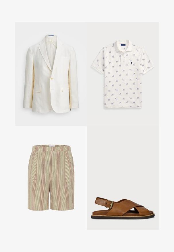 Krémszínű vászonblézer, sakkal, egy gombos záródással, két elülső zsebből és karcsú szabásból áll. Egyszerű felület.; Fehér póló, pamutból készült, ismétlődő kék kutyás mintával és egy kis kék logóval a mellkason. Rövid ujjak és gallér.; Csíkos bézs és világos rózsaszín sort, texturált anyagból, elasztikus derékkal és oldalsó zsebekkel. Térd közepéig érő hossz.; Barna bőr szandál keresztpántos dizájnnal, állítható csattal és texturált talppal. Természetes rostból készült díszítéssel a szélén.