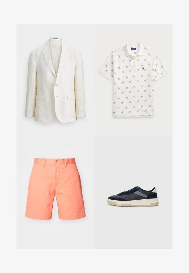 Liinapuku off-white värviga, millel on lõikelapell, üks nööp, kaks eesmist taskut ja kitsas sobivus. Üksik tekstuur.; Valkoinen polo-paita, joka on valmistettu puuvillasta ja jossa on toistuva sininen koirakuosi sekä pieni sininen logo rinnassa. Lyhyet hihat ja kaulus.; Persikkaväriset puuvillashortsit suoraan leikkauksella, joissa on yksi nappisulku ja taitetut lahkeet. Tasainen rakenne ja siisti muotoilu.; BOSS BALTIMORE - Matalavartiset tennarit - open blue