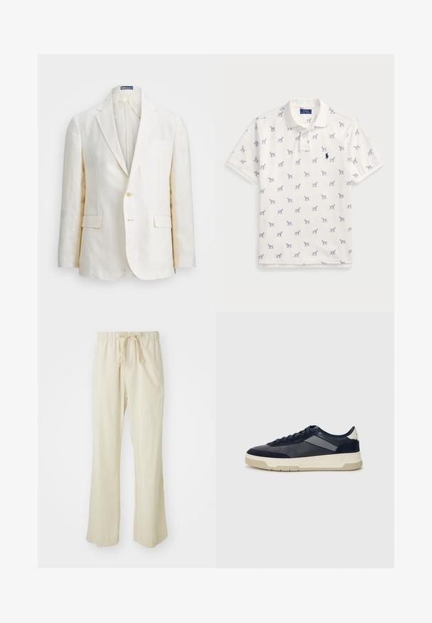 Lino švarkas kreminės spalvos, su išpjautu apykakliu, vienu mygtuku, dviem priekinėmis kišenėmis ir lieknu siluetu. Vienoda tekstūra.; Balta polo marškiniai, pagaminti iš medvilnės, su pasikartojančiu mėlynu šunų raštu ir mažuoju mėlynu logotipu ant krūtinės. Trumpomis rankovėmis ir apykakle.; Šviesiai rudi, laisvai krintantys kelnių pagaminti iš lengvos medžiagos. Turi elastinį juosmenį su raišteliu ir išplatintą kelnių dizainą.; BOSS BALTIMORE - Sportbačiai - open blue