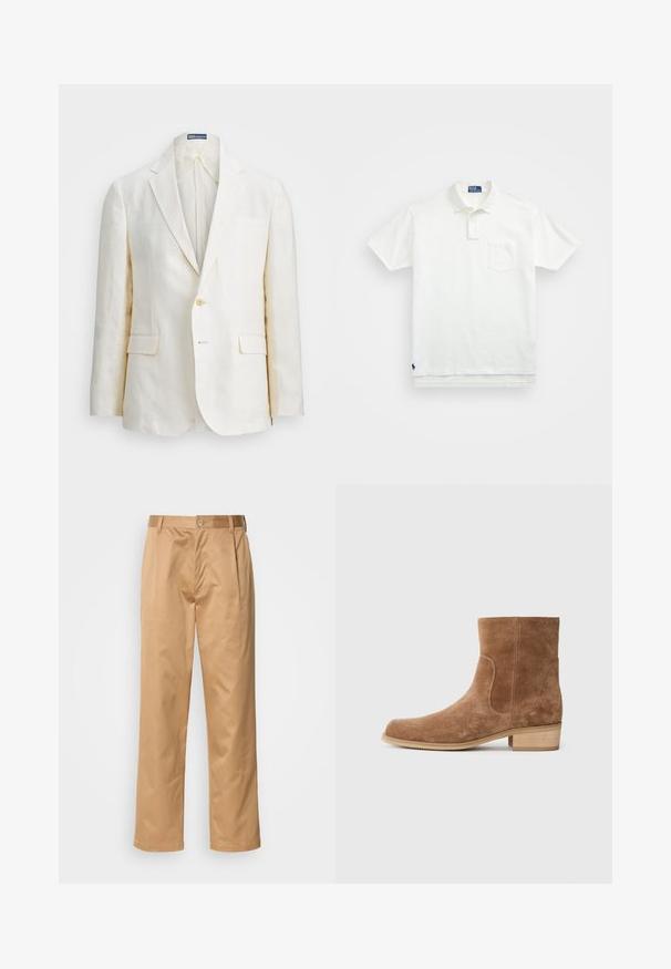 Linu žakete krēmkrāsā ar griezto apkakli, vienu pogu aizdari, divām priekšējām kabatām un šauru piegriezumu. Vienkārša tekstūra.; Balta polo krekls, izgatavots no kokvilnas, ar klasisku apkakli, trīs pogu aizdari un kreisajā krūtī kabatu; neliels logo apakšmalā.; Khaķi bikses, kokvilnas maisījums, taisna kāja, priekšējās krokas, jostas cilpas un pogu aizdare. Gluda tekstūra bez rakstiem.; Brūni zamšādas potīšu zābaki ar nedaudz noapaļotu purngalu, zemu kaudzītē koka papēdi, elastīgām sānu paneļiem un gludām šuvēm gar šuvēm.