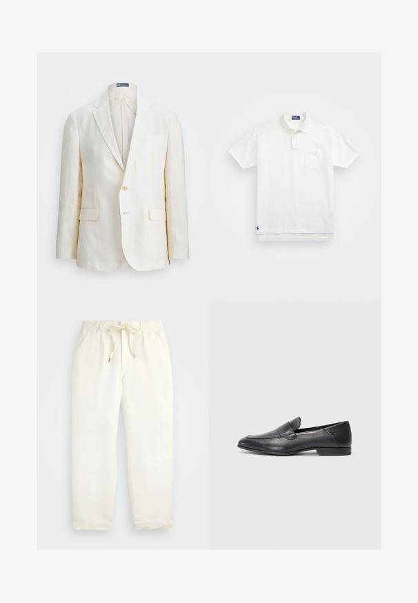Lina bleiser off-white'ist, millel on niidileheline krae, ühe nupukinnise, kaks esikot ja slim fit disain. Ühtlane tekstuur.; Valge polo särk, mis on valmistatud puuvillast, klassikalise kraega, kolme nööbiga kinnitusega ja vasakul rinnal taskuga; väike logo helmel.; Hele kreemjad, mugavad püksid pehmest kangast. Omavad elastset vöökohta stringiga ning kitsenevat jala disaini.; Must musta mokkasinterid sileda pinnaga, madala kontsaga ja kergesti jalga libistatava disainiga, mille esiosas on tõstetud õmblus.
