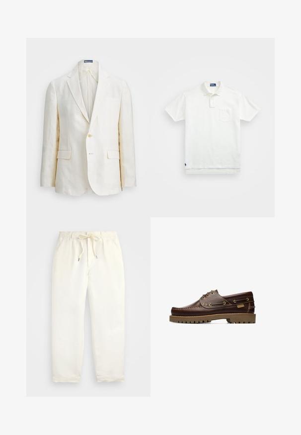Blazer in lino di colore avorio con rever a punta, chiusura a un bottone, due tasche frontali e taglio slim. Texture liscia.; Polo bianco in cotone, con colletto classico, placca con tre bottoni e taschino sul lato sinistro del petto; piccolo logo sull'orlo.; Pantaloni casual color crema chiaro, realizzati in tessuto morbido. Caratterizzati da una cintura elastica con cordoncino e un design con gamba a tapered.; Scarpa da barca in pelle marrone con lacci, con dettagli cuciti e suola spessa in gomma, vista di lato.