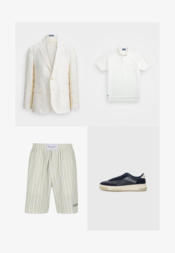 Lněný blazer krémové barvy s klopovým límcem, jedním knoflíkem, dvěma předními kapsami a slim fit designem. Hladká textilie.; Bílá polo košile vyrobená z bavlny, s klasickým límcem, tříknoflíkovou légou a kapsičkou na levé straně hrudi; malá nášivka na lemu.; Světle zelené pruhované bavlněné boxerky s pružným pasem, předními knoflíky a jemným logem v dolním levém rohu.; BOSS BALTIMORE - Tenisky - open blue