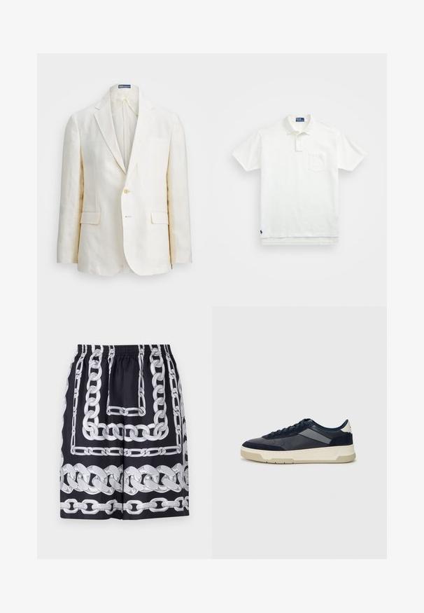 Linen blazer in off-white with a notch lapel, single button closure, two front pockets, and a slim fit design. Plain texture.; White polo shirt made of cotton, featuring a classic collar, three-button placket, and a left chest pocket; small logo at the hem.; Black shorts featuring large silver chain patterns, with an elastic waistband and a loose fit, crafted from a smooth fabric.; BOSS BALTIMORE - Trainers - open blue