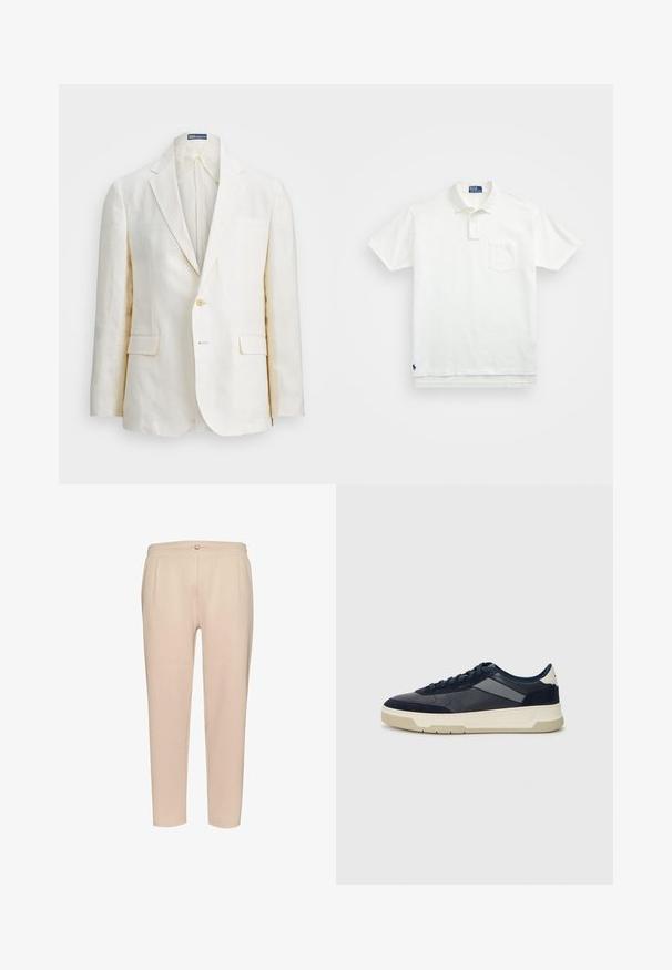 Ľanový blejzer v off-white farbe s klopovým golierom, zapínaním na jeden gombík, dvoma prednými vreckami a slim fit strihom. Hladká textúra.; Biela polo tričko vyrobené z bavlny, s klasickým golierom, trojbuttonovou légou a vreckom na ľavej hrudi; malé logo na spodnom leme.; Béžové rebrované nohavice s obopnutým pásom, ktoré majú predné záhyby, malé gombíkové zapínanie a zúžené nohavice. Mäkká textúra.; BOSS BALTIMORE - Tenisky - open blue