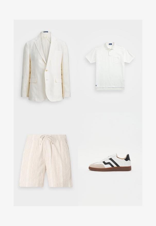 Linen blazer in off-white with a notch lapel, single button closure, two front pockets, and a slim fit design. Plain texture.; White polo shirt made of cotton, featuring a classic collar, three-button placket, and a left chest pocket; small logo at the hem.; Beige drawstring shorts with a textured fabric, featuring vertical white stripes. Elastic waistband for comfort.; White sneaker with black stripe accents, suede toe cap, and brown rubber sole. Smooth leather upper with a rounded design.