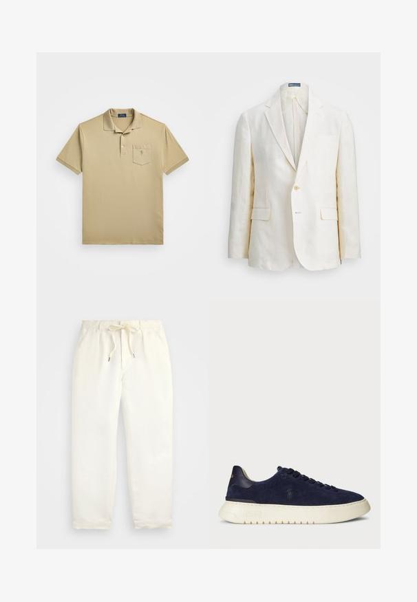 Lněný blazer krémové barvy s klopovým límcem, jedním knoflíkem, dvěma předními kapsami a slim fit designem. Hladká textilie.; Polo Ralph Lauren Big & Tall SHORT SLEEVE - Polotričko - classic khaki; Světle krémové, volné kalhoty vyrobené z měkké látky. Mají elastický pás s tkaničkou a zúžený střih nohavic.; Navy semišové nízké tenisky s texturovaným povrchem, gumovou podrážkou a tónovacími šňůrkami, s malým logem na boku a patě.