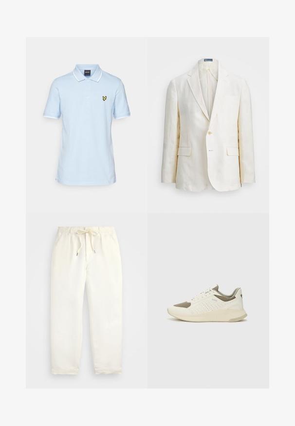 Lina bleiser off-white'ist, millel on niidileheline krae, ühe nupukinnise, kaks esikot ja slim fit disain. Ühtlane tekstuur.; Lyle & Scott Polosärk - light blue/white; Hele kreemjad, mugavad püksid pehmest kangast. Omavad elastset vöökohta stringiga ning kitsenevat jala disaini.; Valge ja heledat beeži värvi spordijalats, millel on õhuke võrkmaterjal, perforatsioonidega detailid ning tekstuuriga vahetald, millel on brändi logo kannaosas.