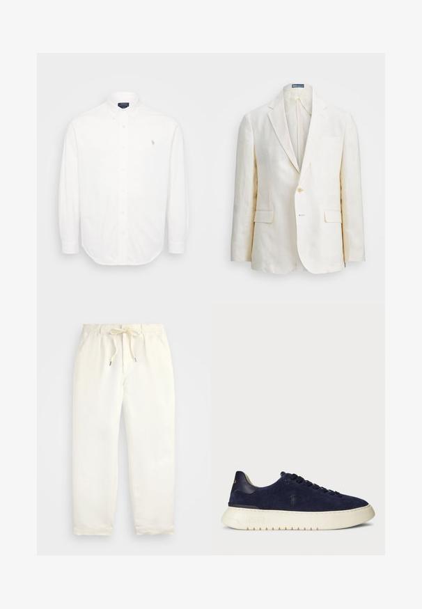 Lino švarkas kreminės spalvos, su išpjautu apykakliu, vienu mygtuku, dviem priekinėmis kišenėmis ir lieknu siluetu. Vienoda tekstūra.; Balta ilgomis rankovėmis marškiniai su mygtukų apačia, priekiniais mygtukais ir mažu siuvinėjo logotipu kairiajame krūtinės kampe. Pagaminta iš medvilnės.; Šviesiai kreminės spalvos, laisvalaikio kelnės iš minkštos medžiagos. Turi elastinį juosmenį su raišteliais ir siaurėjantį kojų dizainą.; Tamsiai mėlyni jovimo odos žemi sportbačiai su tekstūruotu paviršiumi, guma padais ir tonuotais raišteliais, su mažu logotipu šone ir ant kulno.