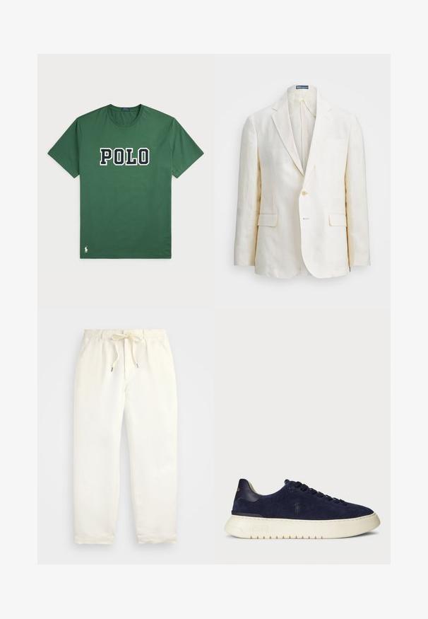 Lino švarkas kreminės spalvos, su išpjautu apykakliu, vienu mygtuku, dviem priekinėmis kišenėmis ir lieknu siluetu. Vienoda tekstūra.; Žalias medvilninis marškinėliai su dideliu "POLO" logotipu baltos ir tamsiai mėlynos spalvų. Trumpomis rankovėmis, apvaliu kaklu ir mažo logotipo detale ant krašto.; Šviesiai kreminės spalvos, laisvalaikio kelnės iš minkštos medžiagos. Turi elastinį juosmenį su raišteliais ir siaurėjantį kojų dizainą.; Tamsiai mėlyni jovimo odos žemi sportbačiai su tekstūruotu paviršiumi, guma padais ir tonuotais raišteliais, su mažu logotipu šone ir ant kulno.