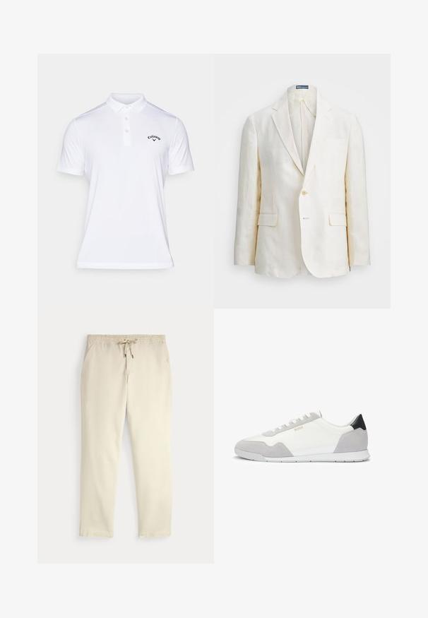 Lněný blazer krémové barvy s klopovým límcem, jedním knoflíkem, dvěma předními kapsami a slim fit designem. Hladká textilie.; Callaway TOURNAMENT - Polotričko - white; Krémové casual kalhoty s elastickým pasem a stahovací šňůrkou, rovné nohavice a boční kapsy na jednoduchém pozadí.; Pánské tenisky z bílé textilie s šedými semišovými akcenty a černým podpatkem. Obsahují šněrovací design a texturovanou gumovou podešev.