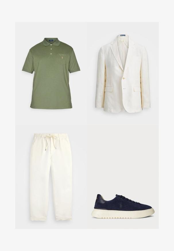Ľanový blejzer v off-white farbe s klopovým golierom, zapínaním na jeden gombík, dvoma prednými vreckami a slim fit strihom. Hladká textúra.; Polo Ralph Lauren Big & Tall SHORT SLEEVE - Polokošeľa - cargo green; Svetlo krémové, voľné nohavice vyrobené z mäkkého materiálu. Majú elastický pás s šnúrkou a zúžený strih nohavíc.; Námořnické semišové nízké tenisky s texturovaným povrchem, gumovou podrážkou a tónovými tkaničkami, přičemž na boku a patě je malé logo.