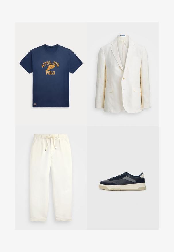 Linu žakete krēmkrāsā ar griezto apkakli, vienu pogu aizdari, divām priekšējām kabatām un šauru piegriezumu. Vienkārša tekstūra.; Jūras zila kokvilnas T-kreklis ar apaļu kakla izgriezumu, ar dzeltenu drukātu tekstu: "ATHL.DIV. 67 POLO" un logo malā. Īsas piedurknes, regulāra piegriezuma.; Gaiši krēmkrāsas, ikdienišķi bikses, izgatavotas no mīkstas auduma. Iespējas ietver elastīgu jostu ar auklu un sašaurinātu kāju dizainu.; BOSS BALTIMORE - Sporta apavi - open blue