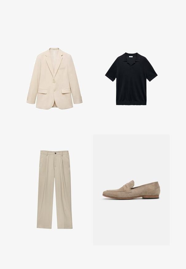 Beige blazer made from a smooth fabric, featuring notch lapels, two front pockets, and a single button closure. Classic fit and tailored design.; Black short-sleeve polo shirt featuring a V-neck, flat collar, and ribbed texture. Material appears lightweight and smooth.; Beige trousers with a straight cut, featuring a single black button, belt loops, and side pockets. Smooth fabric texture and minimal design.; Beige suede loafer with minimal stitching, a flat heel, and a leather sole. Features a single strap accent near the vamp. Flat silhouette.