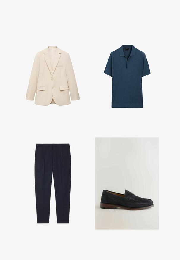 Beige blazer made from a smooth fabric, featuring notch lapels, two front pockets, and a single button closure. Classic fit and tailored design.; Navy blue short-sleeve polo shirt made from a textured fabric, featuring a flat collar and three-button placket, with ribbed hem accents.; Navy trousers made of a smooth fabric with a tailored fit, featuring two front pockets and cuffs at the ankles.; Navy blue suede loafers with a stitched accent and a low brown wooden heel. Rounded toe and slip-on design without visible hardware.