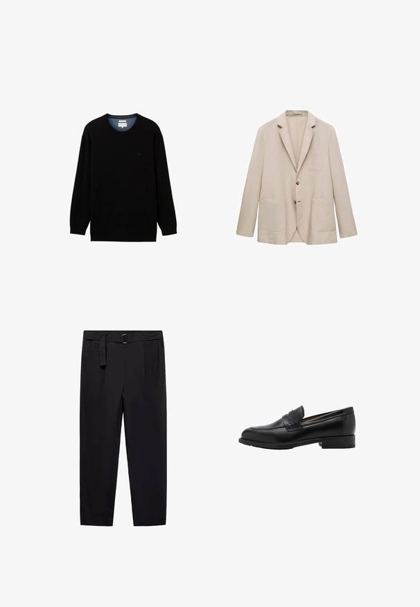 Bež sako od lana s dva prednja džepa, zatvaranjem na jedan dugme, izrezanim ovratnikom i prilagođenim krojem. Glatka tekstura i minimalni detalji.; Crna dugosleeve majica od rebrastog materijala s okruglim izrezom. Ima suptilan logo na prsima i kontrastni unutarnji ovratnik.; Crne hlače ravnog kroja, s remenima i odvojivim remenom. Glatka tkanina s bočnim džepovima i bez vidljivih uzoraka ili metalnih detalja.; Crne kožne loafers c revama sprijeda i ravnim potplatom. Glatka tekstura s okruglim vrhom i ukrasnom trakom preko instep-a.