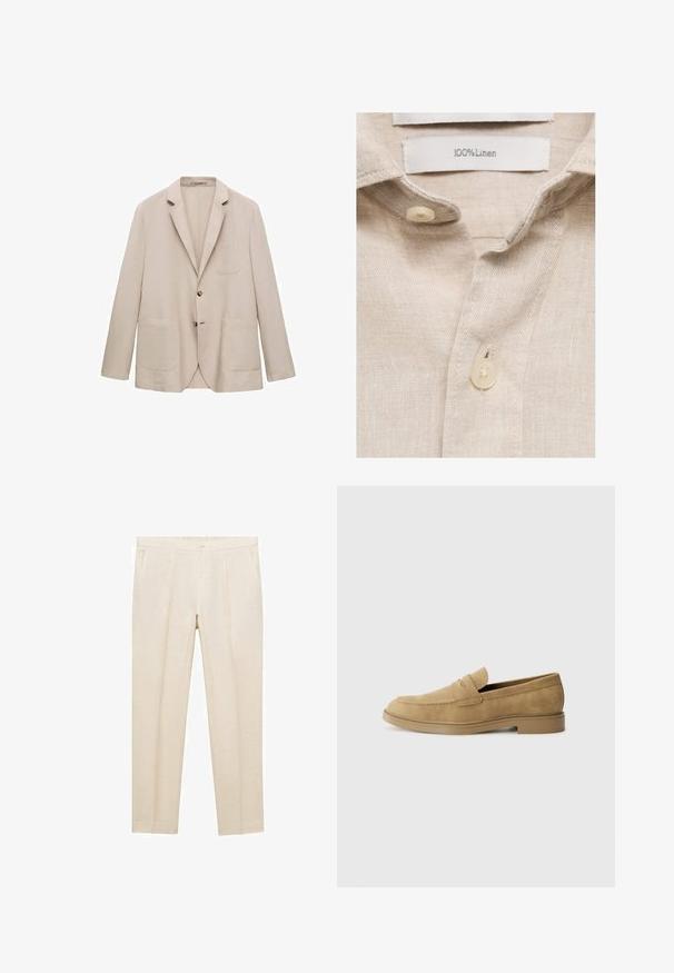 Beżowa lniana marynarka z dwoma przednimi kieszeniami, zapięciem na jeden guzik, klapami w kształcie notcha i dopasowanym krojem. Gładka tekstura i minimalne detale.; Beżowa lniana koszula o miękkiej fakturze, z kołnierzykiem oraz dwiema guzikami z kremowego plastiku. Metka pielęgnacyjna informuje: "100% len".; Beżowe lniane spodnie o prostym kroju, z płaskim przodem, dwiema bocznymi kieszeniami i pojedynczym zapięciem na hak w talii.; Kremowe zamszowe mokasyny z okrągłym noskiem, niskim blokowym obcasem i przeszyciami na wierzchu. Gładka tekstura i minimalistyczny design.