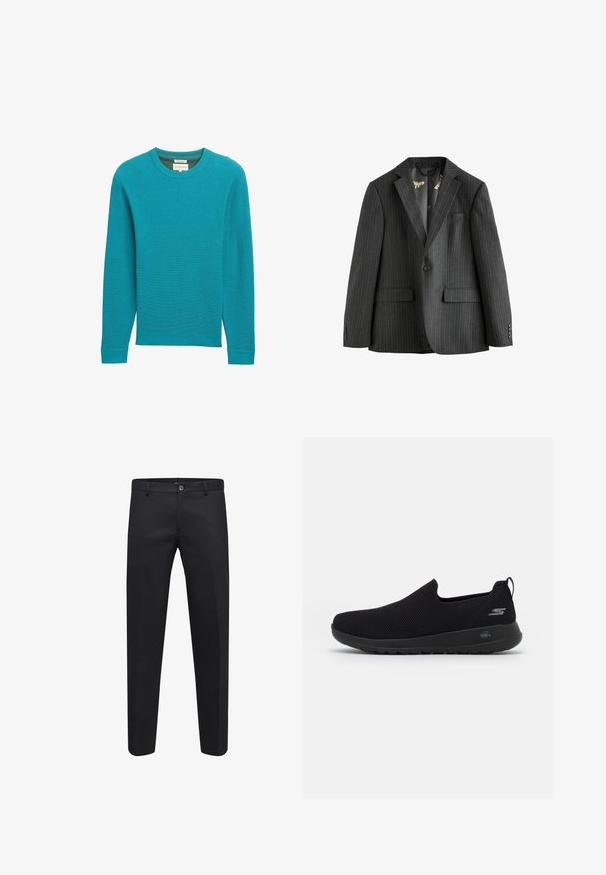 Tamsiai pilka smulkių dryžių bleizeris, vieno sagos su notch apykakle, kišenėmis su atvartais ir raštuotu vidiniu pamušalu. Yra sagų rankogaliai.; Žalios spalvos raštuotas megztinis su ilgomis rankovėmis ir apvalia iškirpte. tekstūruota medžiaga ir tiesus siluetas. Nėra matomo logotipo ar raštų.; Juodos pritaikytos kelnės, pagamintos iš lygaus audinio, su mygtuko uždarymo sistema, diržo kilpomis ir šoninėmis kišenėmis, tiesaus kirpimo.; Juodas slip-on tipo sportinis batelis su orui pralaidžia viršutine dalimi, apvaliu pirštu ir paminkštintu guminio pado. Šone yra logotipas.