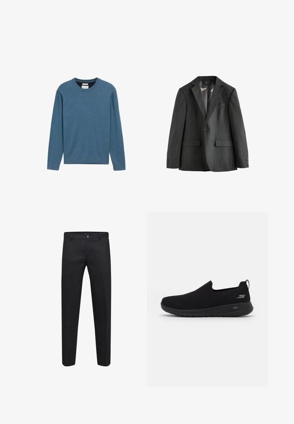 Blazer de rayas en gris oscuro, de una sola fila de botones con solapas de muesca, bolsillos de solapa y un forro interior estampado. Presenta puños con botones.; Sudadera azul de cuello redondo hecha de algodón suave, con mangas largas, puños y dobladillo acanalados, y un pequeño detalle de logo en la parte frontal.; Pantalones negros ajustados elaborados con una tela suave, que presentan un cierre de botón, trabillas para cinturón y bolsillos laterales, con un diseño de pierna recta.; Zapatilla negra sin cordones con parte superior de malla transpirable, puntera redonda y suela de goma acolchada. Presenta un logotipo en el lateral.