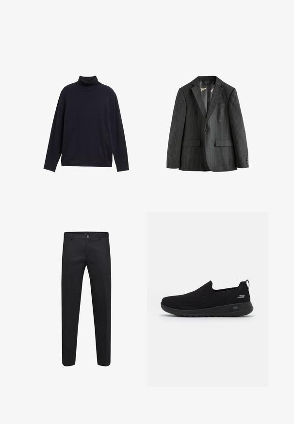 Tmavošedý pruhovaný blejzer, jednoradový s klopovými goliermi, so záklopovými vreckami a vzorovanou podšívkou. Má zapínacie manžety.; Námornícky rolák vyrobený z hladkej pleteniny, s dlhými rukávmi a voľným strihom. Malé logo na hrudi.; Čierne ušité nohavice z hladkej látky s gombíkovým zapínaním, pútkami na opasok a bočnými vreckami, s rovnými nohavicami.; Čierne slip-on tenisky s priedušným vrchným materiálom z twitteru, okrúhlou špičkou a polstrovanou gumovou podošvou. Na boku sa nachádza logo.