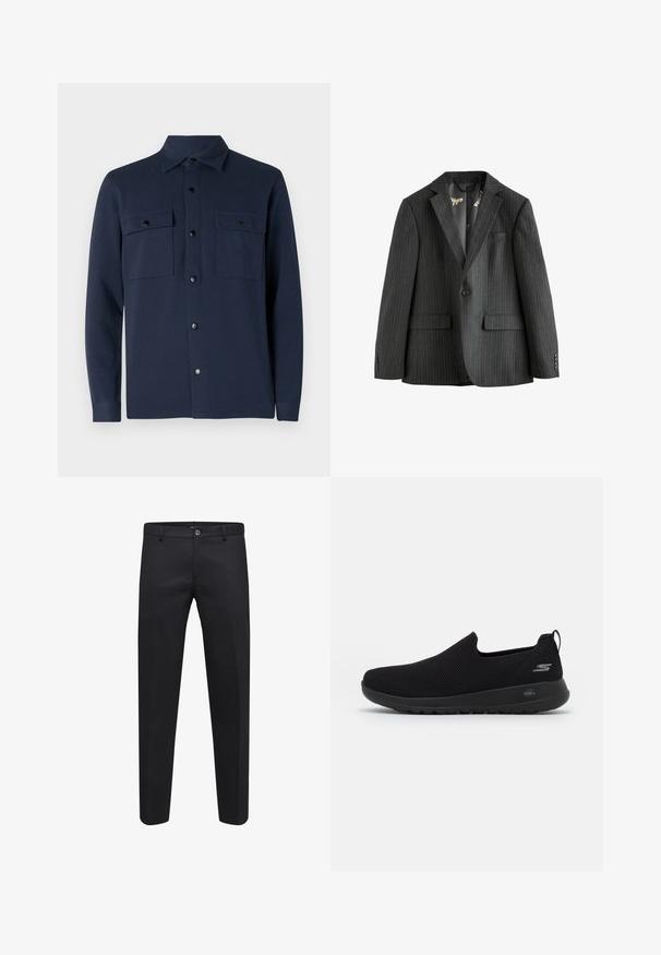 Tamno sivi blejzer s prugicama, jednoredni s reverima, dzepovima s preklopom i uzorkovanom unutrašnjom podlogom. Ima rukave s dugmadi.; Mornarica košulja kratkih rukava izrađena od mekanog materijala, s dva džepa na prsima, šiljastim okovratnikom i ravnim rubom. Nema vidljivih uzoraka ili naglasaka.; Crne krojene hlače od glatke tkanine s kopčanjem na gumb, petljama za remen i bočnim džepovima, s ravnim krojem.; Crne slip-on tenisice s gornjištem od prozračnog mrežastog materijala, okruglim vrhom i posebno podloženim gumiranim potplatom. Imaju logo sa strane.