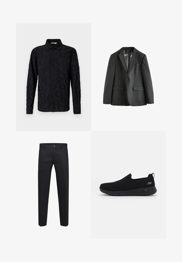 Sacou în dungi gri închis, cu un singur rând de nasturi, rever cu colțuri, buzunare cu clape și o căptușeală interioară cu model. Dispune de manșete cu nasturi.; Cămașă neagră cu mâneci lungi, cu nasturi, având un model circular texturat subtil și un buzunar pe piept, expusă pe un fundal alb.; Pantaloni negri personalizați dintr-un material neted, cu închidere prin buton, bucle pentru curea și buzunare laterale, având un design cu picior drept.; Adidași negri, tip slip-on, cu un superior din plasă respirabilă, vârf rotund și talpă din cauciuc cu amortizare. Prezintă un logo pe lateral.