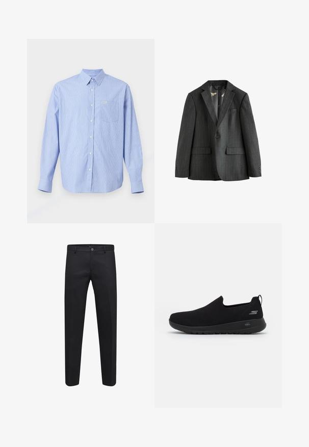 Sötétszürke csíkos zakó, egysoros, kifordított hajtókával, hajtókás zsebekkel és mintás bélésével. Gombos mandzsettái vannak.; Világoskék ing, függőleges fehér csíkokkal, hosszú ujjakkal, hegyes gallérral, egyetlen mellzsebbel és egy kis márkacímkével.; Fekete, sima anyagból készült, testre szabott nadrág, gombos záródással, övhurkokkal és oldalsó zsebekkel, egyenes szárú kialakítással.; Fekete slip-on sportcipő légáteresztő hálós felsőrésszel, kerek orral és párnázott gumitalppal. Az oldalon logó található.