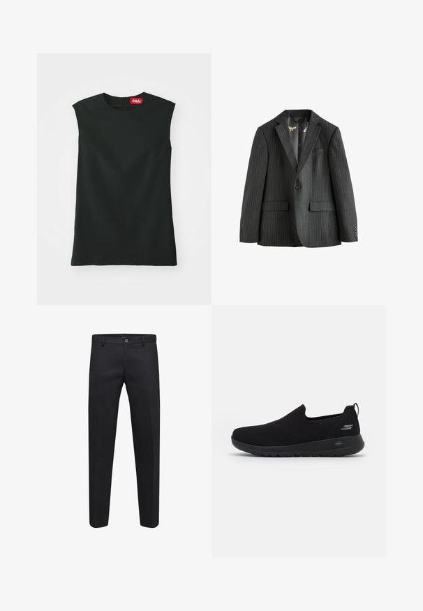 Sötétszürke csíkos zakó, egysoros, kifordított hajtókával, hajtókás zsebekkel és mintás bélésével. Gombos mandzsettái vannak.; Fekete ujjatlan felső kerek nyakkivágással, sima anyagból, hátul cipzárral. A nyakrészen egy kis piros címke található "032c" logóval.; Fekete, sima anyagból készült, testre szabott nadrág, gombos záródással, övhurkokkal és oldalsó zsebekkel, egyenes szárú kialakítással.; Fekete slip-on sportcipő légáteresztő hálós felsőrésszel, kerek orral és párnázott gumitalppal. Az oldalon logó található.