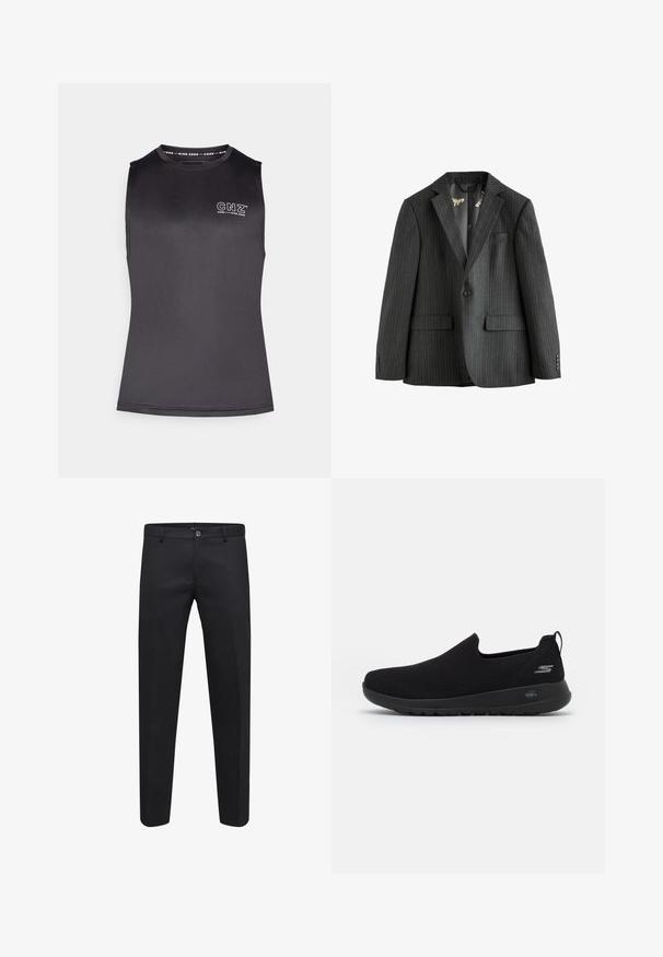 Donkergrijs gestreepte blazer, enkelvoudig met notch revers, klepzakken en een met patroon gevoerde binnenzijde. Voorzien van knoopmanchetten.; Zwarte mouwloze top van glad, rekbaar materiaal. Heeft een ronde halslijn en een bedrukt logo aan de voorkant. Minimalistisch ontwerp.; Zwarte op maat gemaakte broek gemaakt van een soepele stof, met een knoopsluiting, riemlussen en zijzakken, in een recht model.; Zwarte instap sneaker met een ademende mesh bovenkant, ronde neus en een gevoerde rubberen zool. Bevat een logo aan de zijkant.