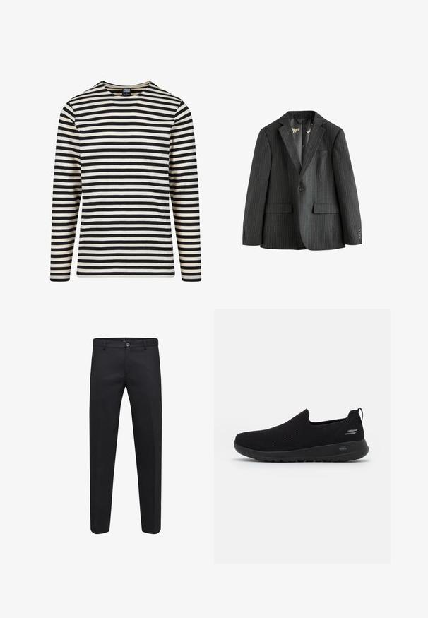 Dunkelgrauer Blazer mit Nadelstreifen, einreihig mit Reverskragen, aufgesetzten Taschen und gemustertem Futter. Mit knöpfbaren Manschetten.; Langarm-Shirt mit Streifen in Creme und Schwarz, mit Rundhalsausschnitt und geradem Schnitt. Hergestellt aus weicher Baumwolle mit gleichmäßigen horizontalen Streifen.; Schwarze maßgeschneiderte Hosen aus einem glatten Stoff mit einem Knopfverschluss, Gürtelschlaufen und Seitentaschen, im geraden Schnitt.; Schwarzer Slip-On Sneaker mit atmungsaktivem Mesh-Obermaterial, runder Zehenpartie und gepolsterter Gummisohle. Mit einem Logo an der Seite.