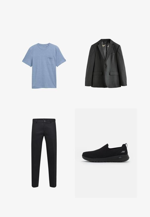 Tmavošedý pruhovaný blejzer, jednoradový s klopovými goliermi, so záklopovými vreckami a vzorovanou podšívkou. Má zapínacie manžety.; Svetlomodré tričko s krátkym rukávom vyrobené z textúrovaného materiálu, s okrúhlym výstrihom a náprsnom vreckom na ľavej strane.; Čierne ušité nohavice z hladkej látky s gombíkovým zapínaním, pútkami na opasok a bočnými vreckami, s rovnými nohavicami.; Čierne slip-on tenisky s priedušným vrchným materiálom z twitteru, okrúhlou špičkou a polstrovanou gumovou podošvou. Na boku sa nachádza logo.