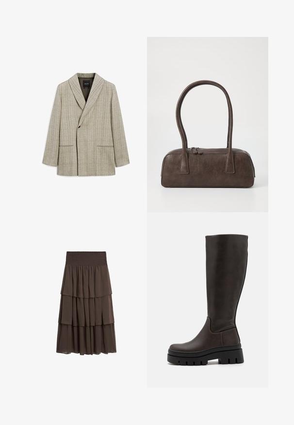 Light beige blazer with a grid pattern. Features a shawl collar, center button closure, and two front pockets. Smooth textile finish.; Massimo Dutti SNAKESKIN PRINT GARMENT WITH RUFFLES - Blouse - beige; Massimo Dutti LONG RUFFLED - A-line skirt - mottled dark brown; Brown leather knee-high boots with a chunky black platform sole and minimal stitching details. Sleek design with smooth texture.; Brown leather handbag with two sturdy handles, rectangular shape, smooth texture, and zip closure. Minimalist design with no visible patterns.