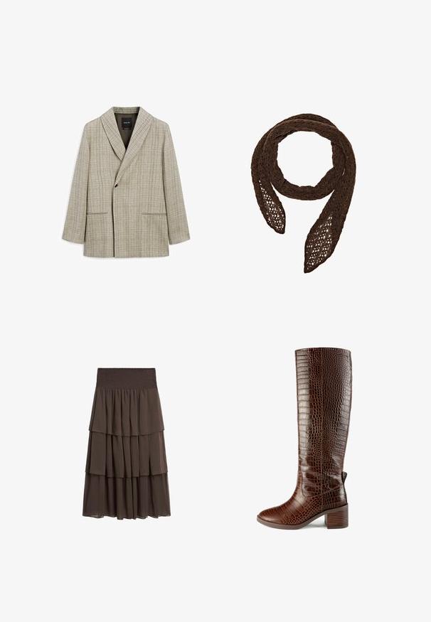 Jasnobeżowy żakiet w kratę. Posiada kołnierz szalowy, zapięcie na środkowy guzik oraz dwie przednie kieszenie. Gładkie wykończenie z tkaniny.; Massimo Dutti - Bluzka; Massimo Dutti - Spódnica trapezowa; L37 LIFE ciemnobrązowy; Massimo Dutti - Szal; Brązowa skórzana torebka na ramię z dwoma solidnymi uchwytami, prostokątny kształt, gładka faktura i zamek błyskawiczny. Minimalistyczny design bez widocznych wzorów.
