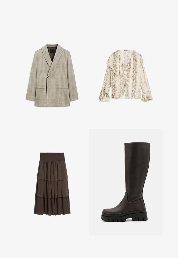 Blazer beige clair avec un motif à carreaux. Dispose d'un col châle, d'une fermeture par bouton central et de deux poches avant. Finition textile lisse.; Massimo Dutti SNAKESKIN PRINT GARMENT WITH RUFFLES - Blouse - beige; Massimo Dutti LONG RUFFLED - Jupe trapèze - mottled dark brown; Bottes en cuir marron montantes jusqu'au genou avec une semelle noire épaisse et peu de détails de couture. Design épuré avec une texture lisse.